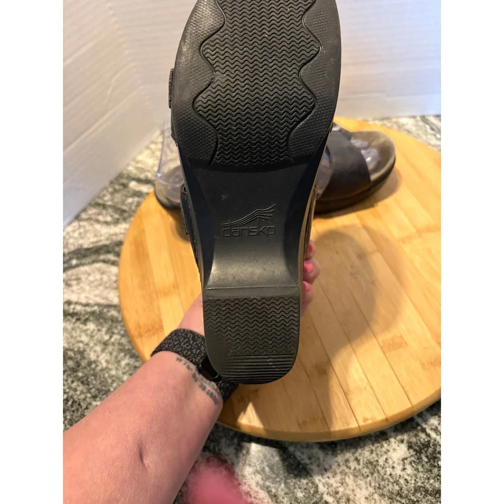 Dansko Women Black Leather Double Buckle Slide Wedge Sandals Size 40